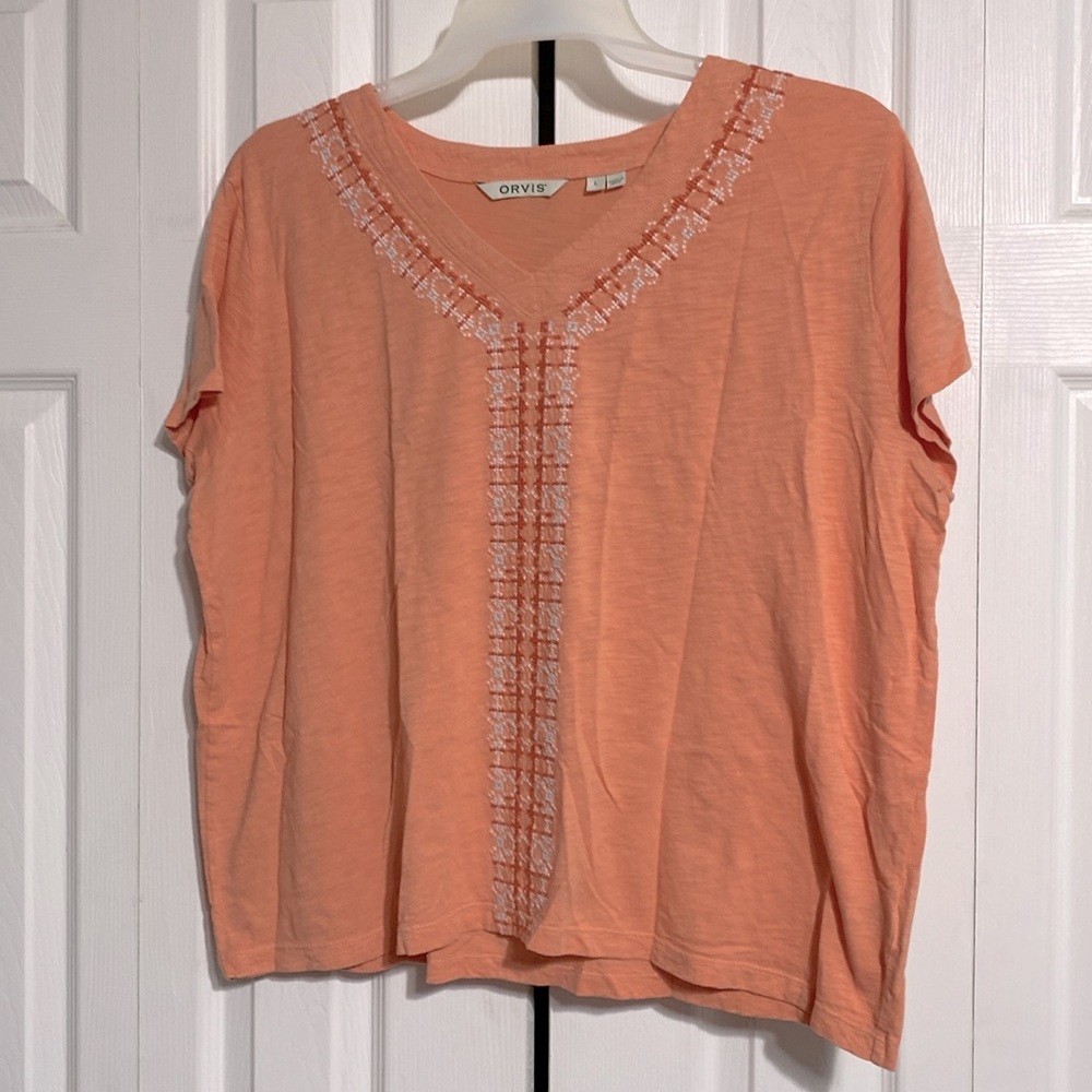 Orvis cotton lightweight blend embroidered tee shirt top size LARGE